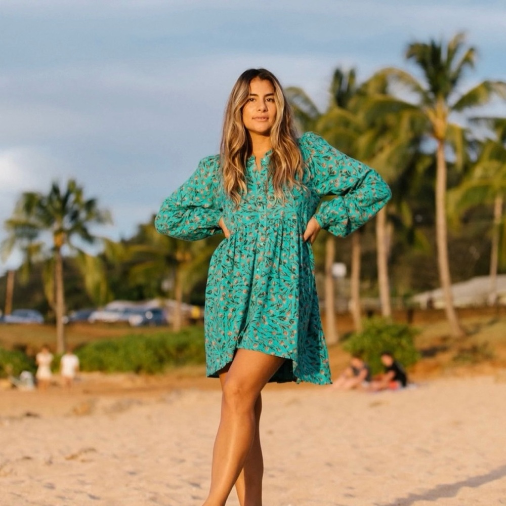 XIX Palms Teal Floral Flowy Puffy Sleeve Boho Dress Medium‎ - Picture 2 of 12